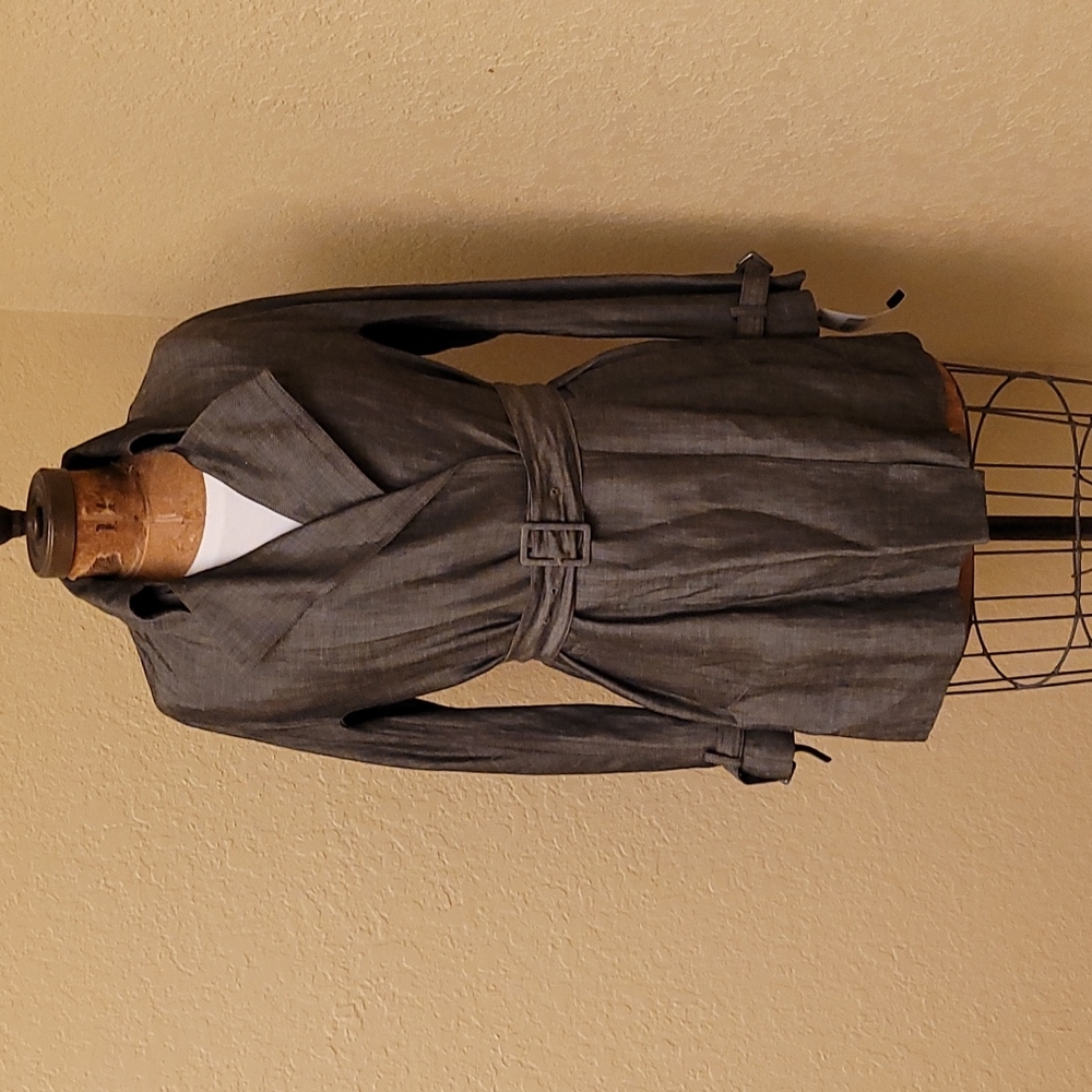 DKNY Womens Open Front Belted Jacket Gray Wool Size P